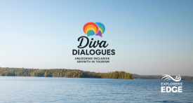 Diva Dialogues logo overtop of a image with a lake and land in the distance