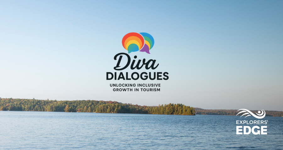 Diva Dialogues logo overtop of a image with a lake and land in the distance